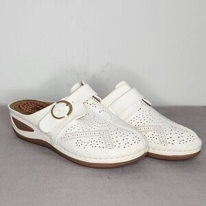 Alicegana White Laser Cut Floral Massage Footbed Clogs Mules Buckle EU 37 US 6.5